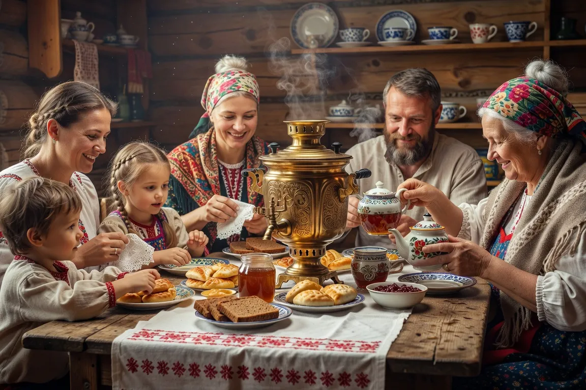 Cérémonie du thé russe avec samovar et famille réunie