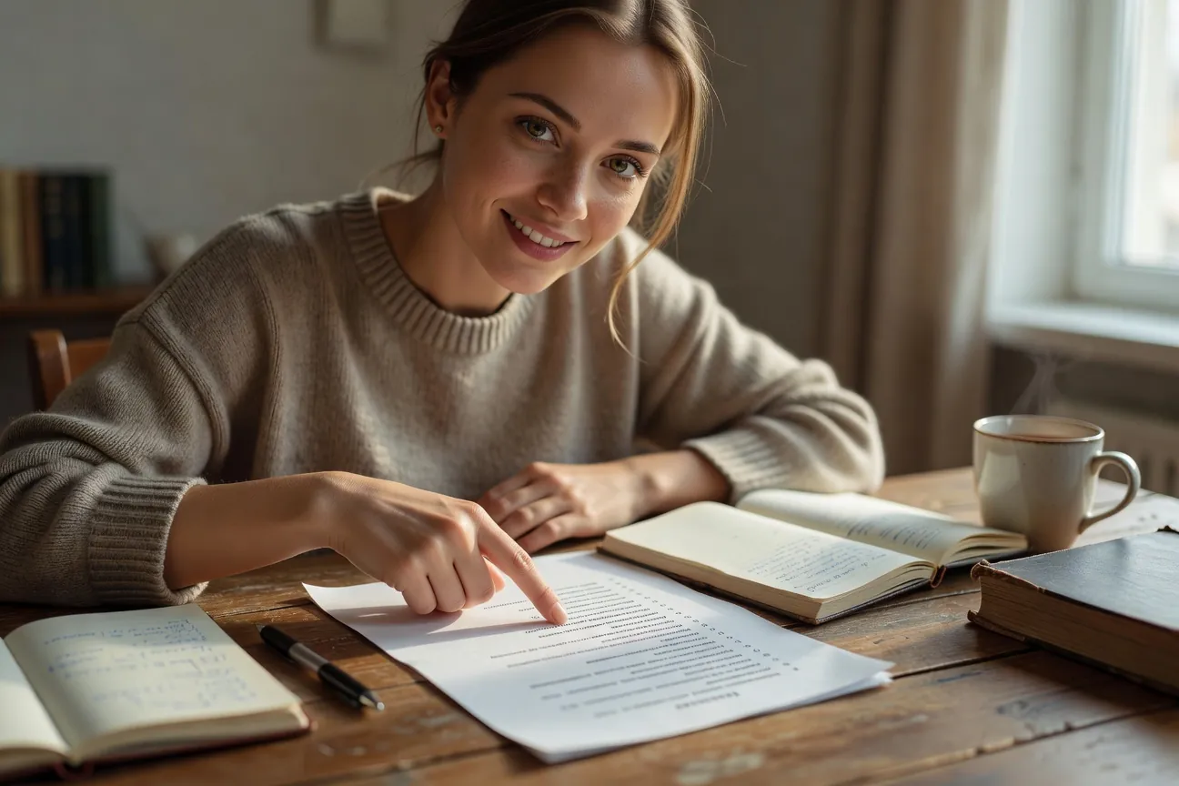 Femme slave designant des mots russes sur une fiche de revision