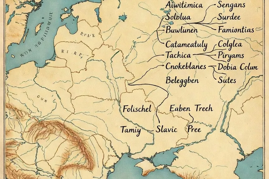 Carte ancienne Europe de l'Est avec arbre genealogique des langues slaves