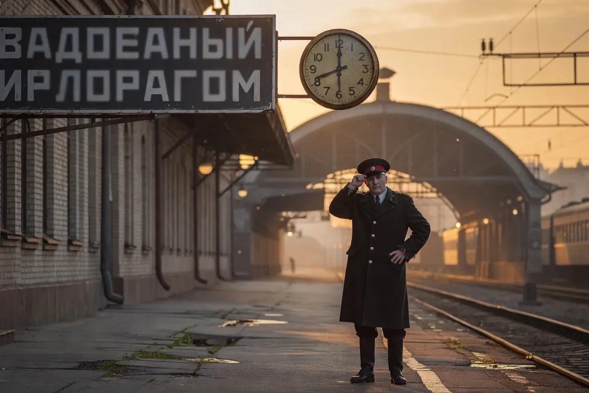 Quai de gare russe avec horloge vintage et signaletique cyrillique